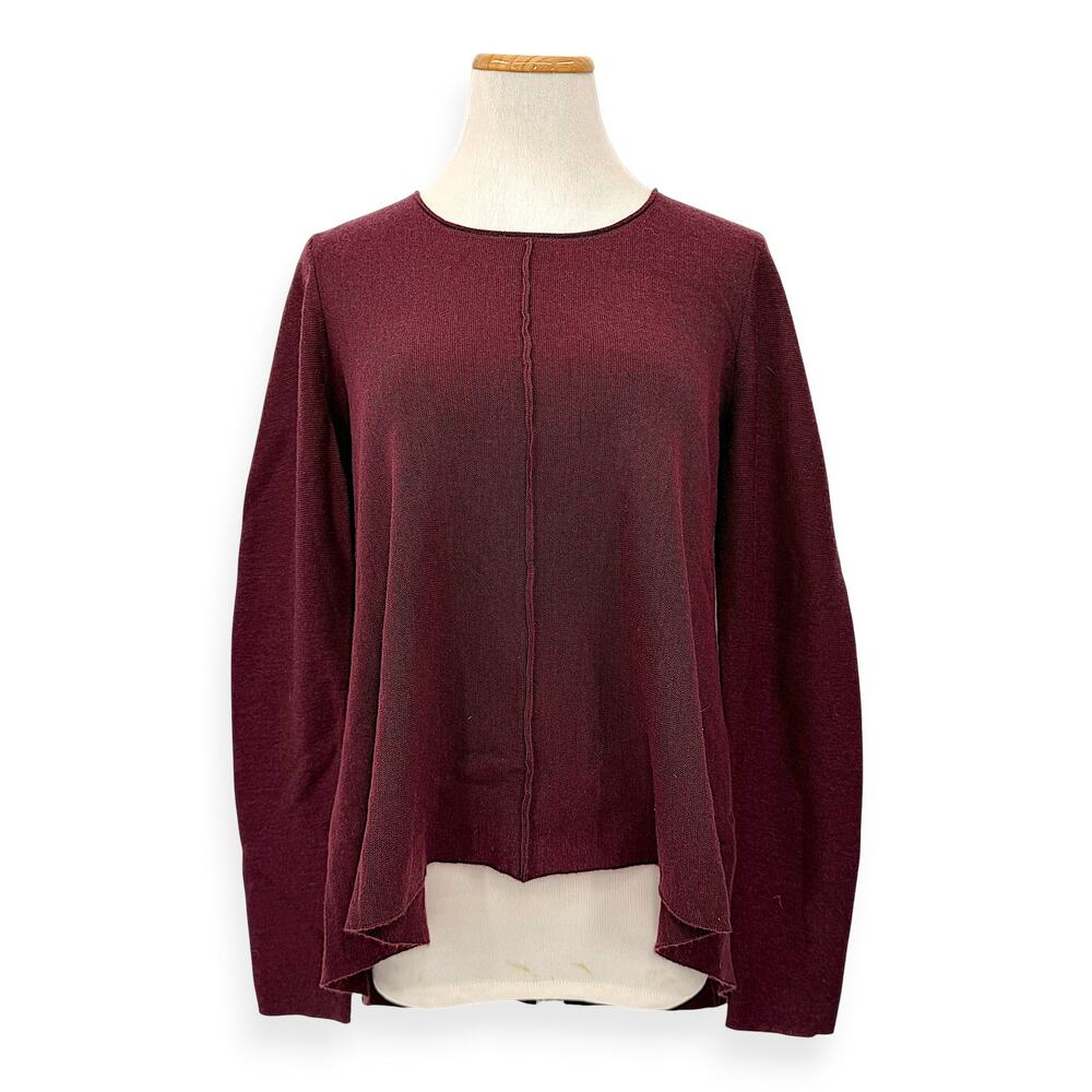 Eileen Fisher S 100% Merino Wool Burgundy Scoop Neck High-Low Pullover Sweater